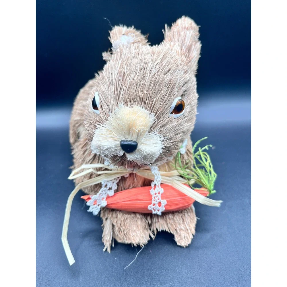Rustic Sisal Straw Bunny Figurine‎ Easter Decor Brown Rabbit Carrot Lace 6
